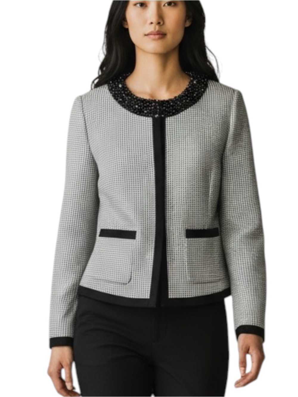Anthropologie Etcetera White Black Beaded Jacket NWOT Size 6 Luxury Glam